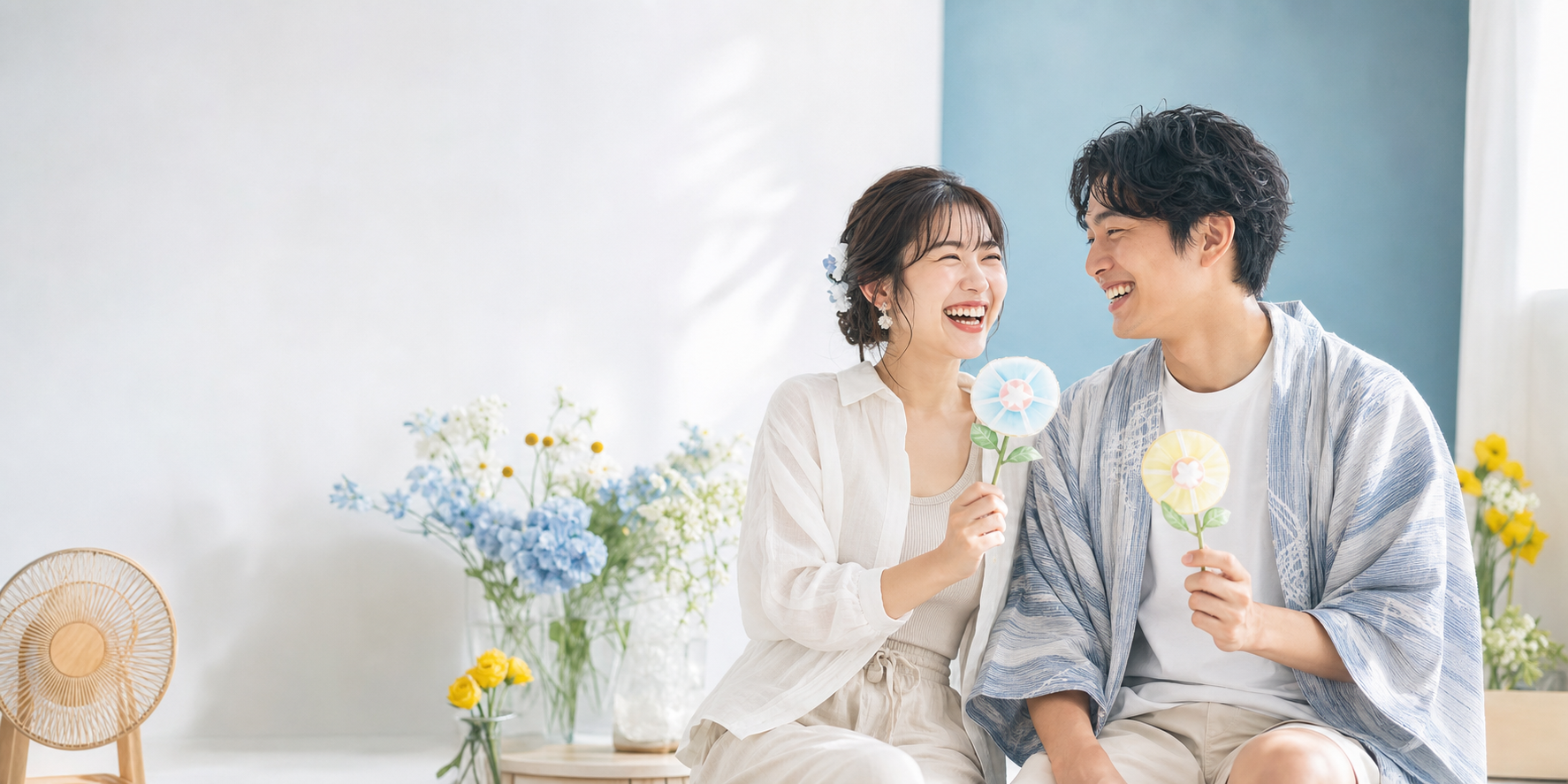 夏休みにセルフ写真館で撮影を楽しむカップル